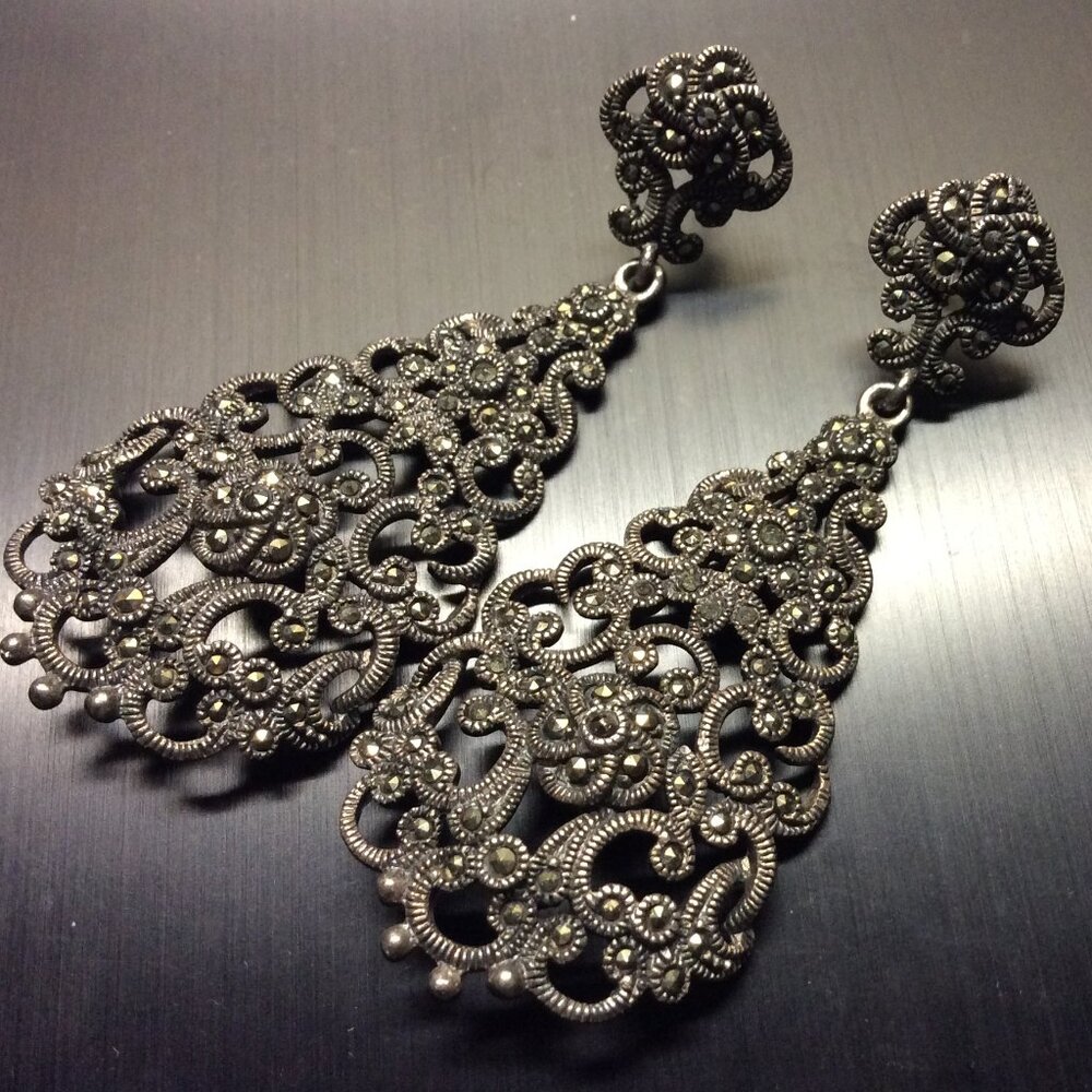 Black Gray Marcasite Dangle Earrings 2.5" x 1", Sterling Silver Drop Earrings